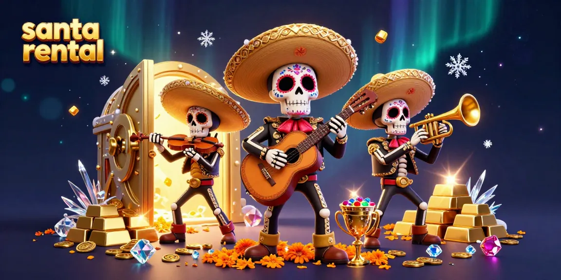 Experience the excitement of santa rental with a festive 3D scene featuring joyful mariachi characters and casino-themed treasures.