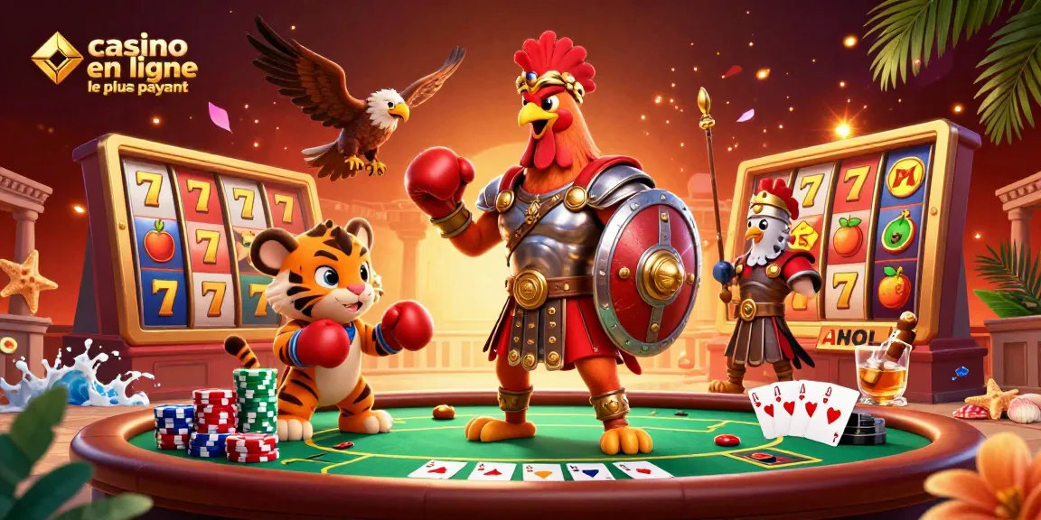 Jouer dans le casino en ligne le plus payant avec un rooster gladiateur, des éléments de slots et de poker.