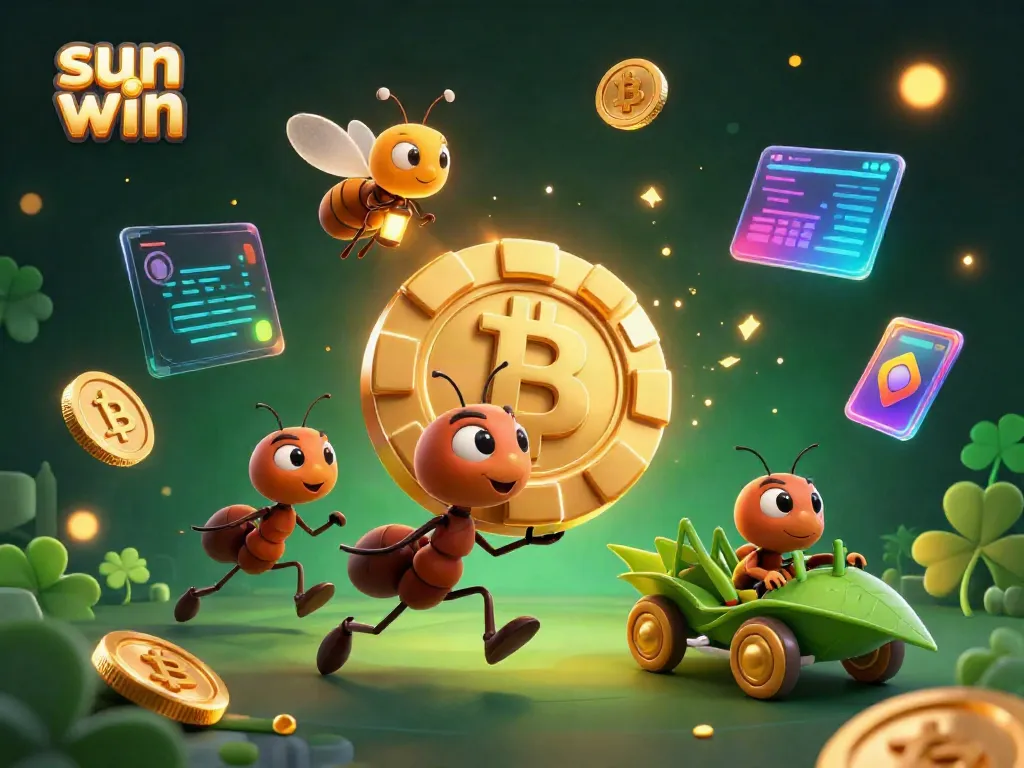 Experience the thrill of gaming with sun win in this dynamic heist scene featuring playful ants and crypto elements.