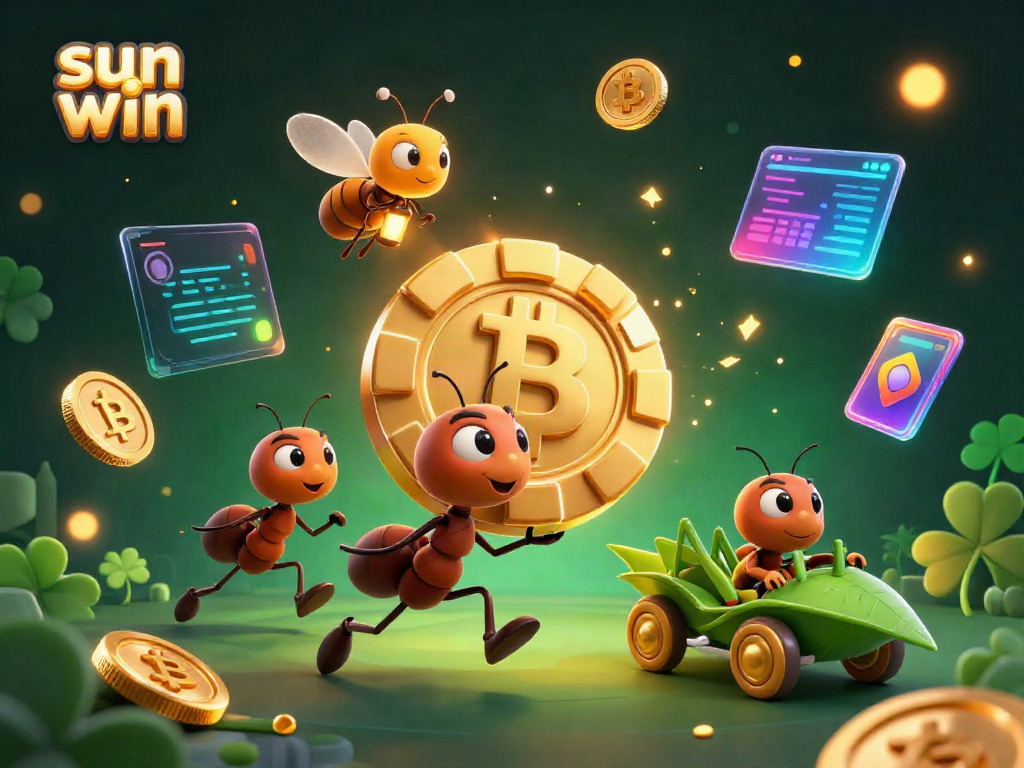 Experience the thrill of gaming with sun win in this dynamic heist scene featuring playful ants and crypto elements.