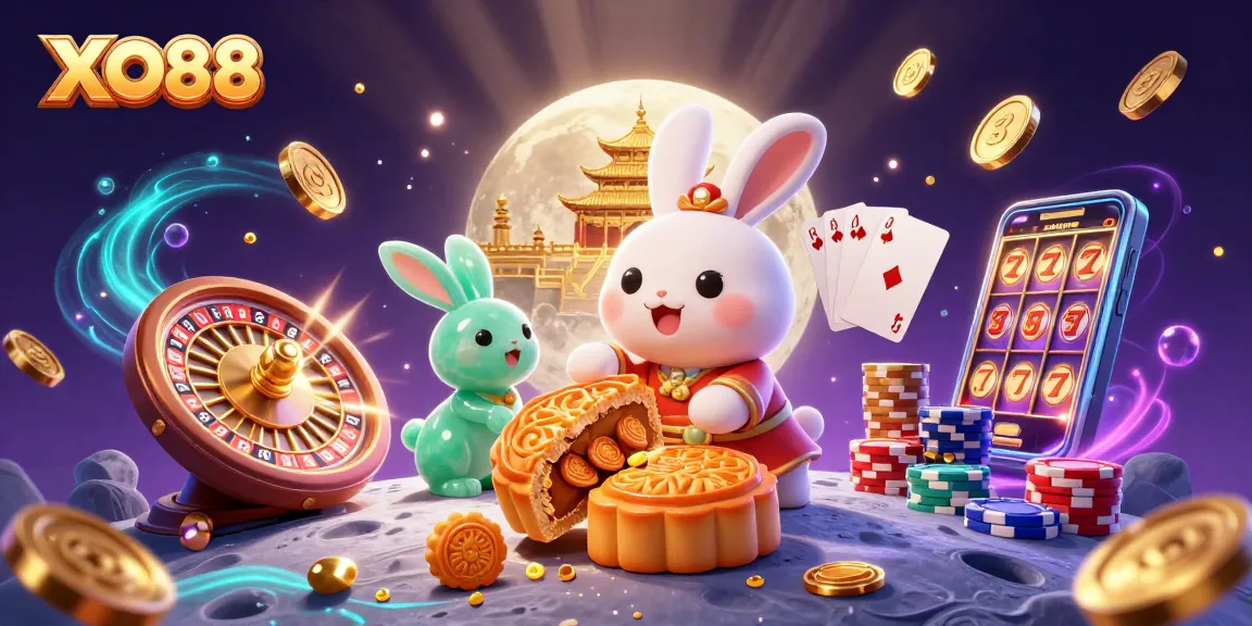 Experience excitement with XO88 where a moon rabbit reveals poker chips, embodying fun and fortune.