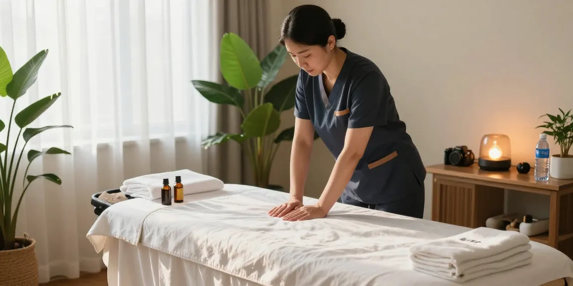 마포출장안마 at-home massage scene with professional therapist preparing for a serene session in bright and inviting ambiance.