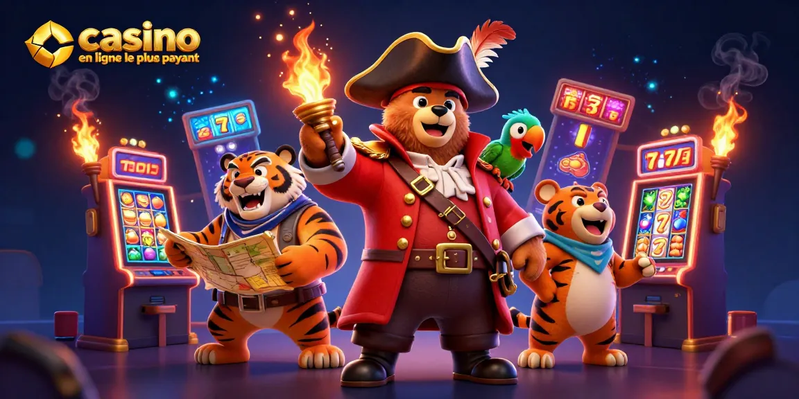 Image animée de casino en ligne le plus payant illustrant un ours pirate, un tigre, et des machines à sous