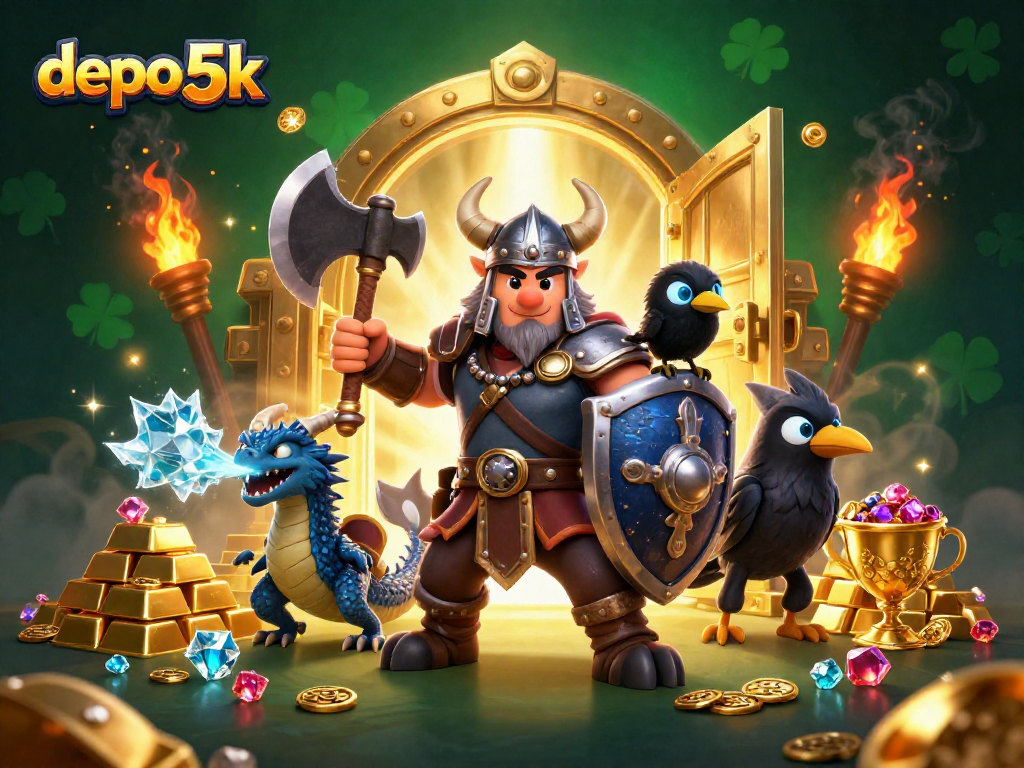 Experience thrilling gameplay with depo 5k as a Viking wolf warrior and fierce dragon guard treasures in this dynamic scene.