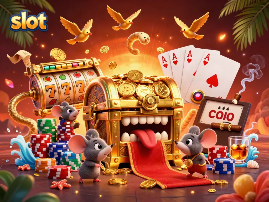 Experience thrilling slot action with a treasure chest and playful characters in a vibrant scene.