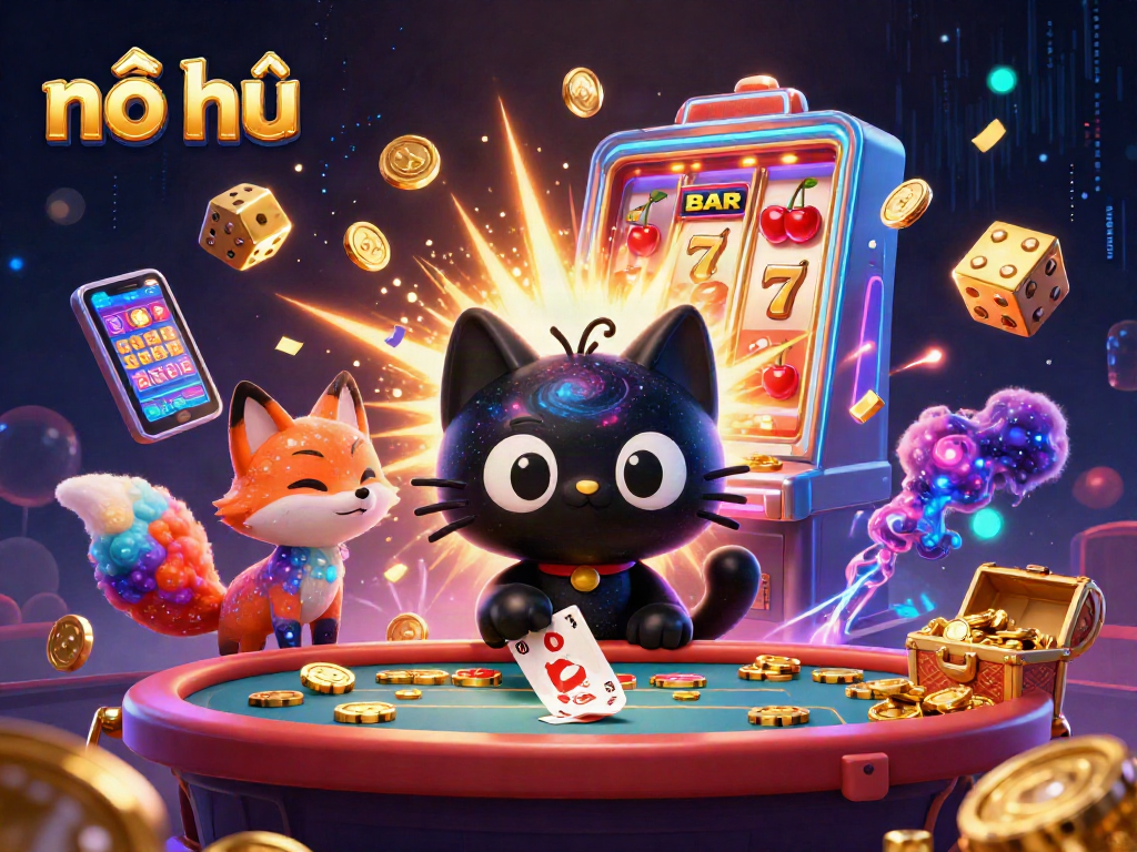 The nổ hũ jackpot celebrates with a cosmic theme featuring a black hole cat and colorful gas cloud fox.