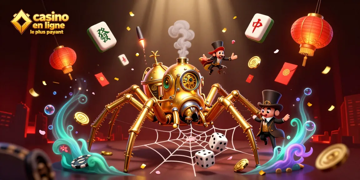 Un jeu captivant au casino en ligne le plus payant, illustré par une araignée steampunk dorée parmi des éléments de jeu.