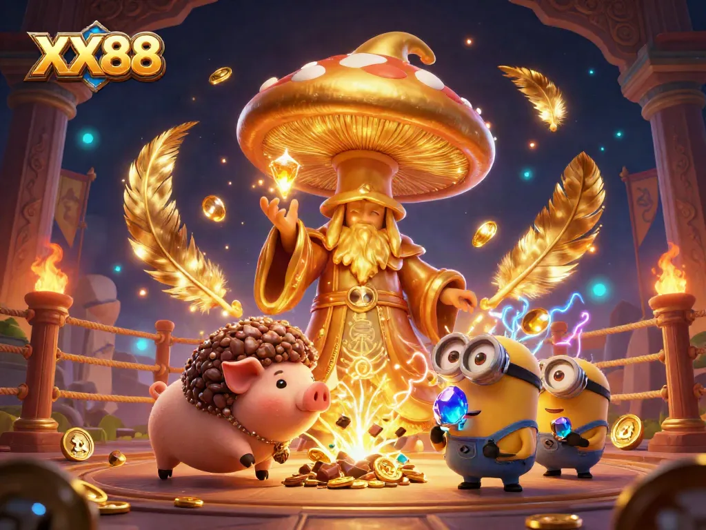 Engage in thrilling gameplay at XX88 with a magical scene featuring a golden mushroom wizard and lively treasures.