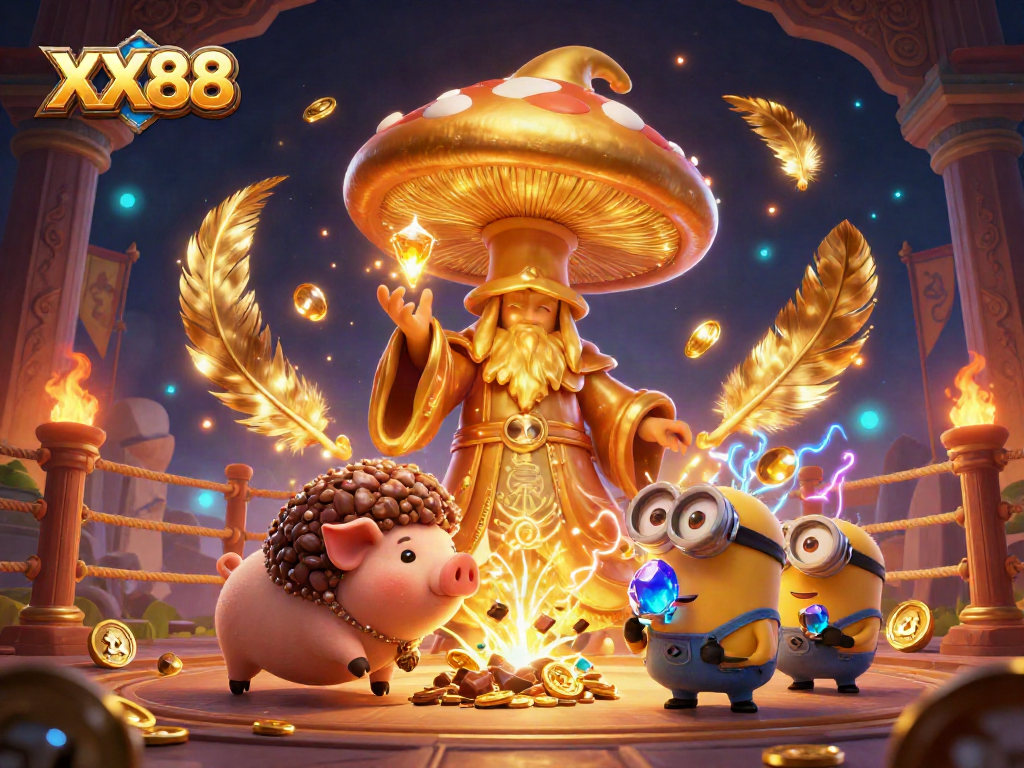 Engage in thrilling gameplay at XX88 with a magical scene featuring a golden mushroom wizard and lively treasures.
