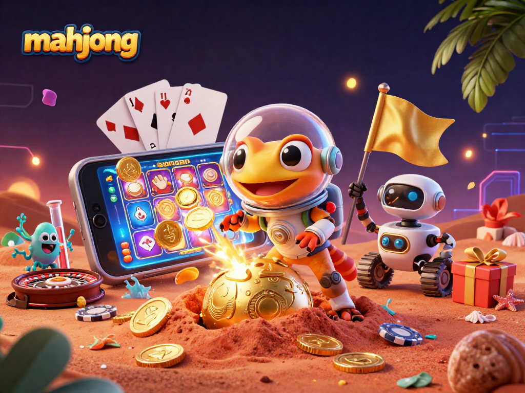 Engage in thrilling mahjong gaming with our vibrant 3D cartoon casino scene filled with rich details.