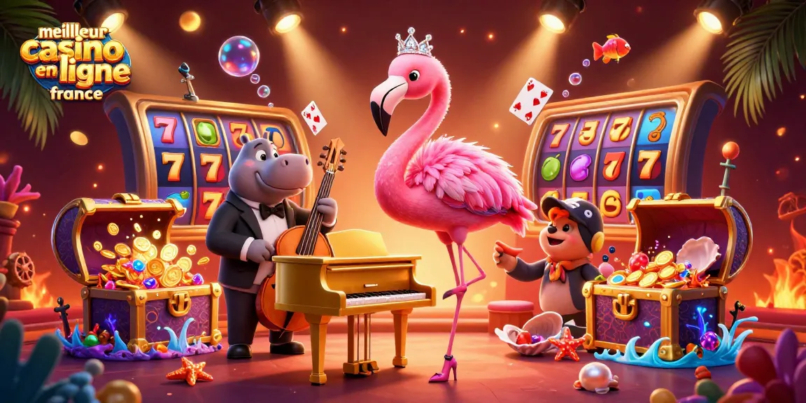 Illustration dynamique du meilleur casino en ligne France avec une chanteuse flamant, des machines à sous et des éléments colorés.