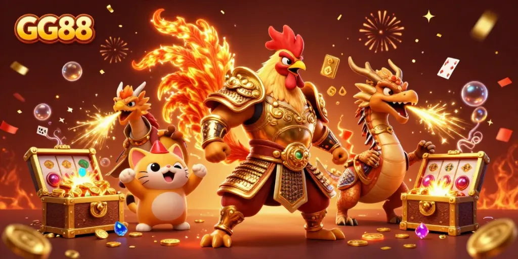 Engage in the thrilling world of GG88 with a 3D scene showcasing an armored rooster and dragon amidst golden treasures.