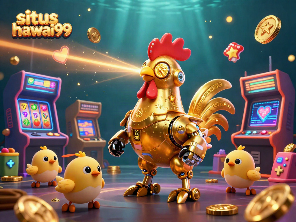 Experience situs hawai99 with a vibrant scene of a golden rooster robot and adorable chick drones.