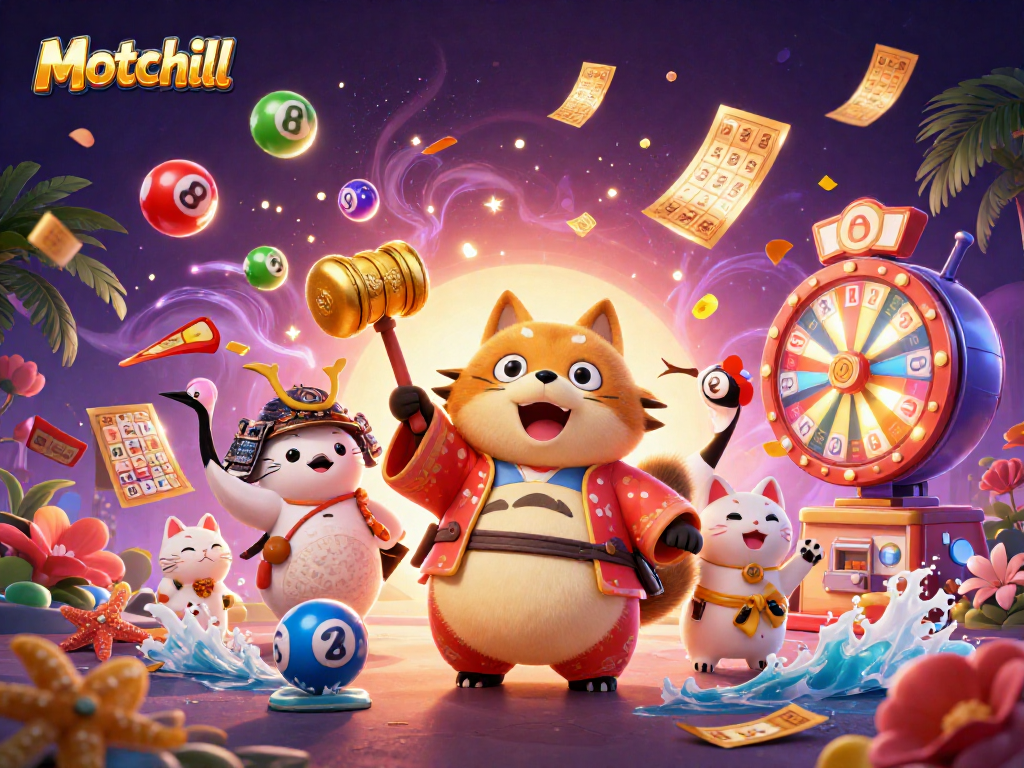 Experience the vibrancy of Motchill with cheerful tanuki and lucky symbols, enhancing your gaming excitement.