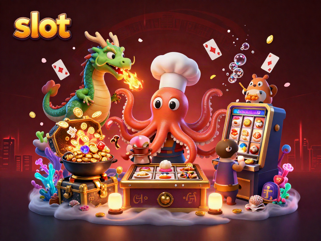 Permainan slot dengan karakter kartun di ilustrasi 3D yang menampilkan mesin slot dan karakter menarik di latar belakang.
