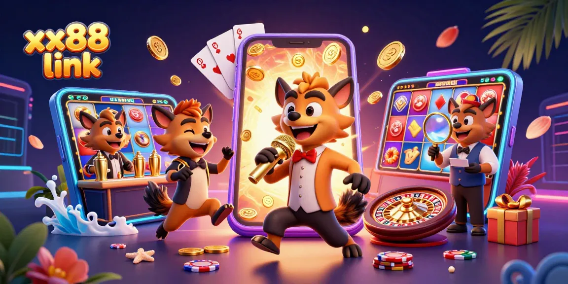 Engage with the thrilling xx88 link, featuring hyenas in a vibrant casino scene with slot games and rich interactions.
