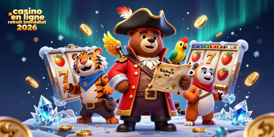 Illustration dynamique d'un casino en ligne retrait immédiat 2026 avec un ours pirate, un tigre et des éléments de jeu.