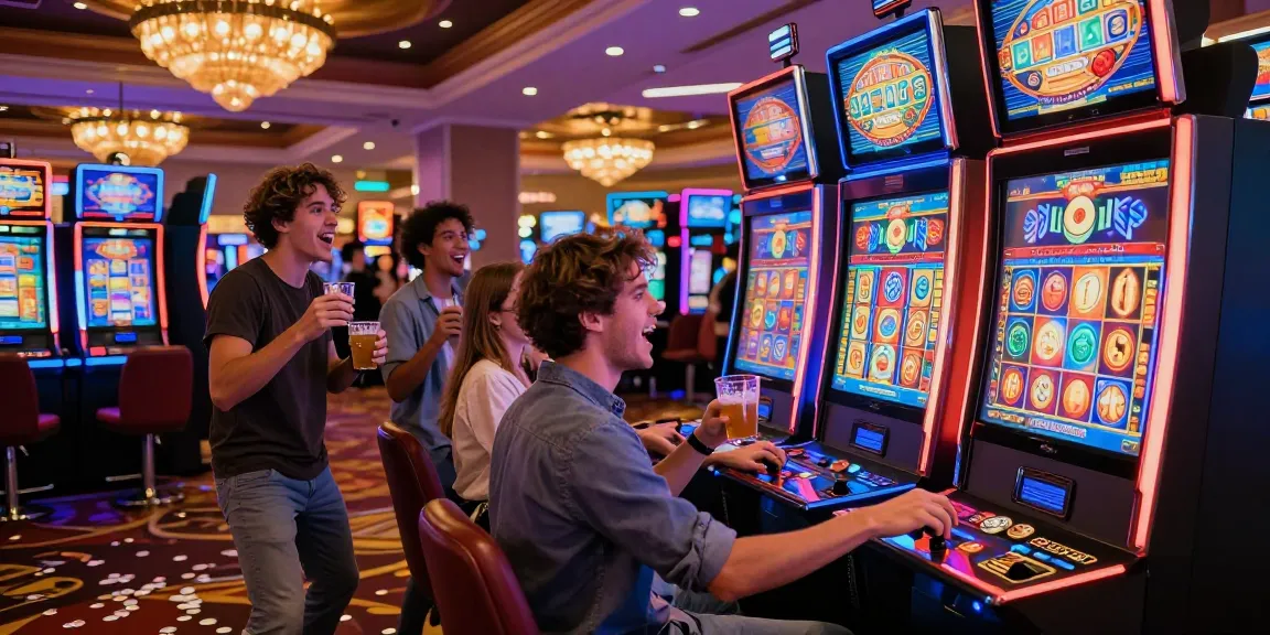 situs slot gacor: Friends enjoying a thrilling slot machine game in a lively casino atmosphere.