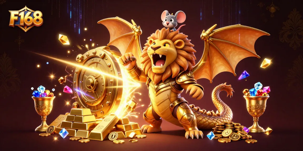 F168 showcases a victorious chimera in golden armor amidst treasure and casino riches.