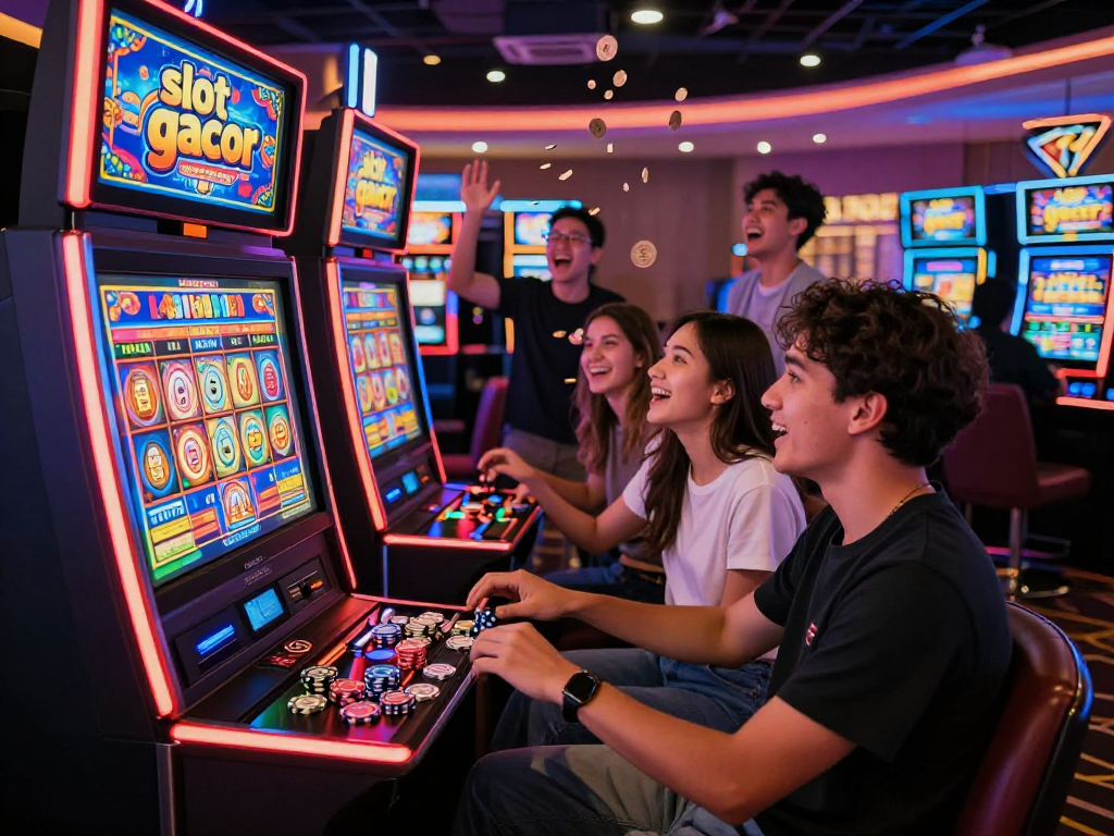 Exciting slot gacor gaming experience with friends in a lively casino, vibrant lights and jackpot win.