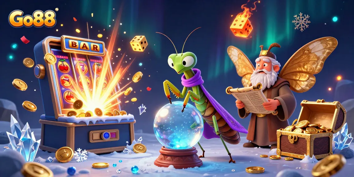 Experience thrilling wins at Go88 with vibrant casino activities featuring a praying mantis fortune teller and exciting slot games.