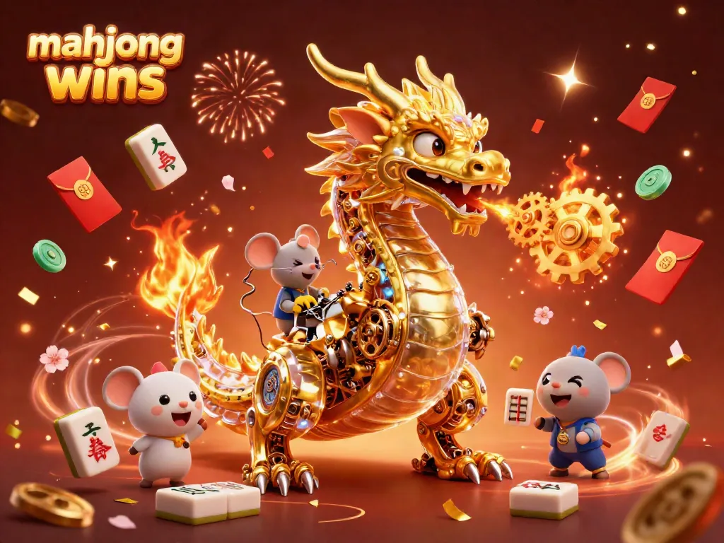 Experience mahjong wins in a vibrant 3D scene featuring a golden dragon, slot reels, and festive elements.