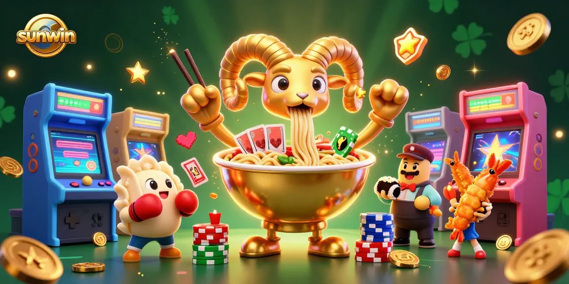 Experience thrilling gaming at sunwin with a vibrant 3D scene featuring colorful characters and casino elements.