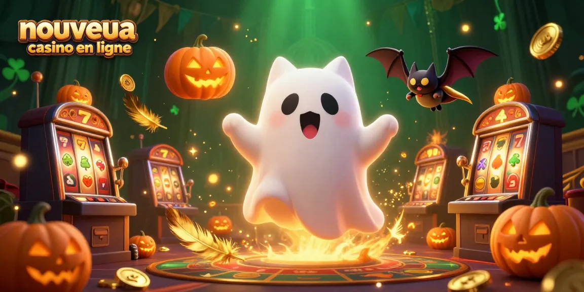 Découvrez un nouveau casino en ligne avec un chat fantôme et une chauve-souris à capes, entourés de machines à sous et de jetons d'or.
