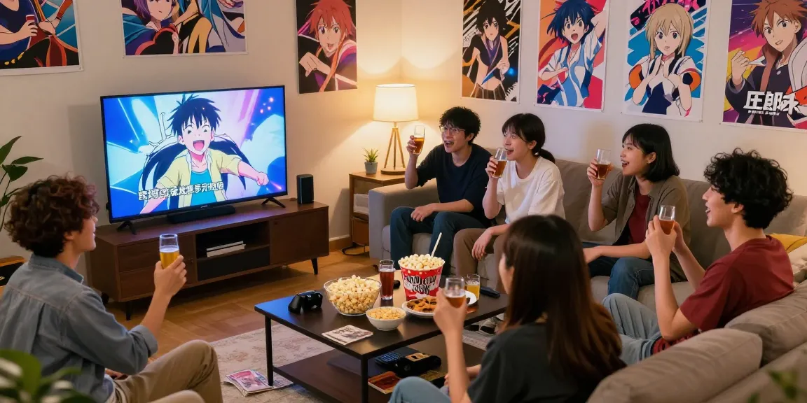 Enjoying Anime Sub episodes with friends in a lively living room setting.