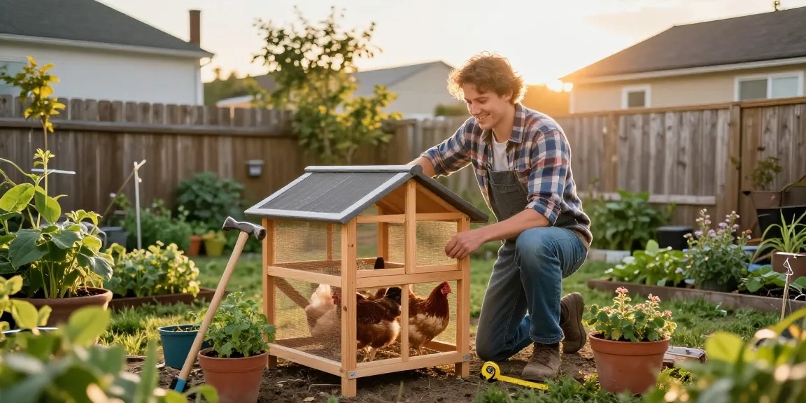 Urban farmer assembling a small backyard chicken coop, surrounded by chickens and vibrant garden.