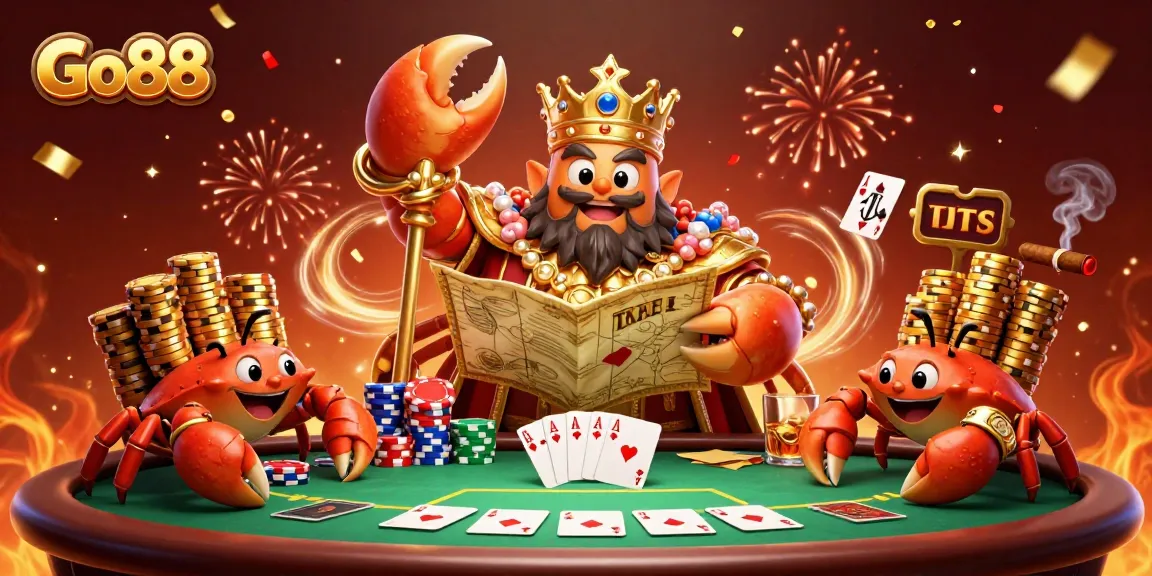 Experience Go88's vibrant gaming atmosphere with a golden crab emperor leading the excitement at a poker table!