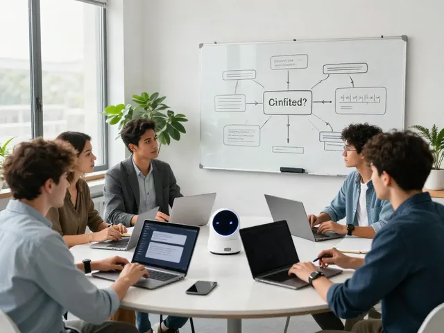 Group collaboration in a modern workspace focused on an unfiltered AI chat platform development.