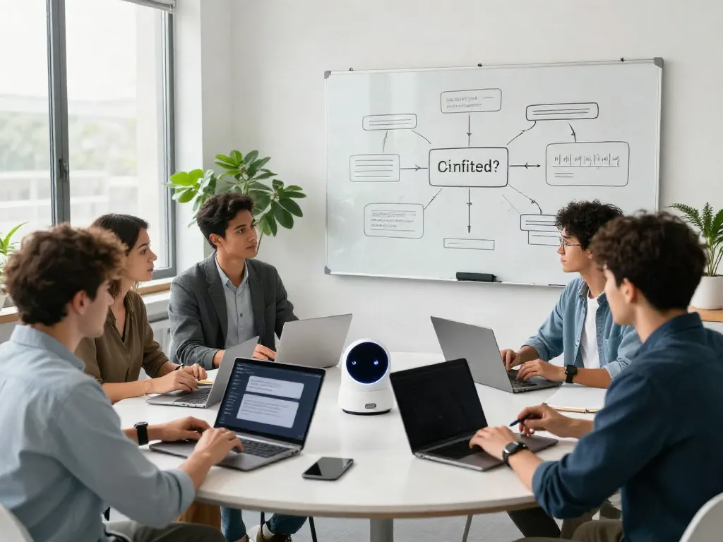 Group collaboration in a modern workspace focused on an unfiltered AI chat platform development.