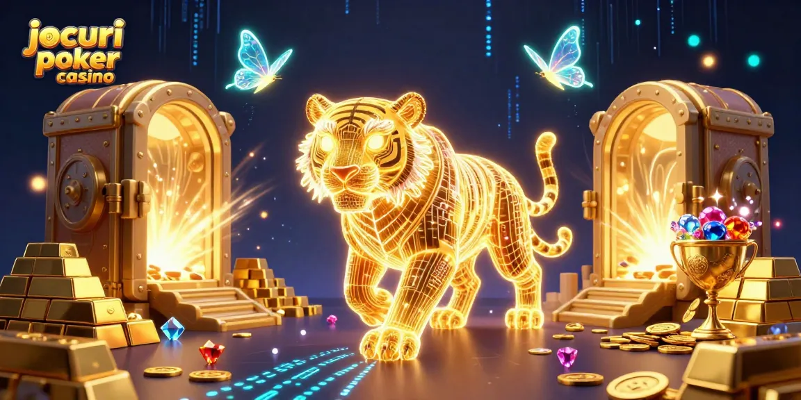 Joacă jocuri poker casino într-un peisaj digital captivant, cu tigri de lumină și comori strălucitoare.
