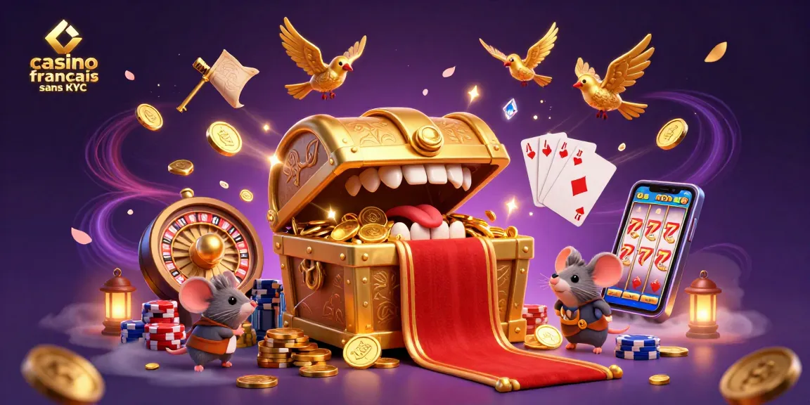 Gagnez des riches au casino français sans KYC avec une illustration dynamique de jeu, des trésors et de l'excitation.