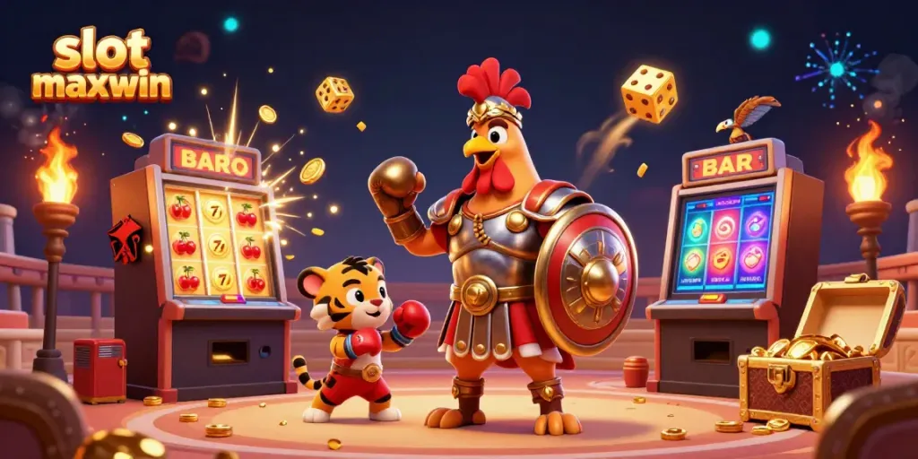 Permainan slot maxwin yang menarik dengan karakter kartun dan elemen kasino penuh warna.