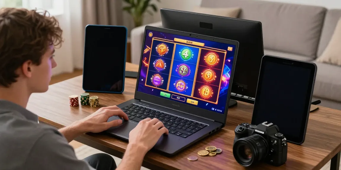 Engaging online gaming experience with WIRA55 slot games displayed on a laptop in a cozy living room.