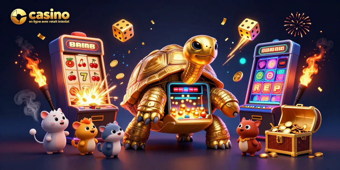 Casino en ligne avec retrait immédiat : illustration d'une tortue dorée géante avec une machine à sous et des animaux enjoués.