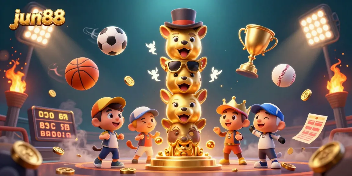 Experience thrilling gameplay at jun88 with a dynamic scene of 3D characters, sports elements, and vibrant casino features.
