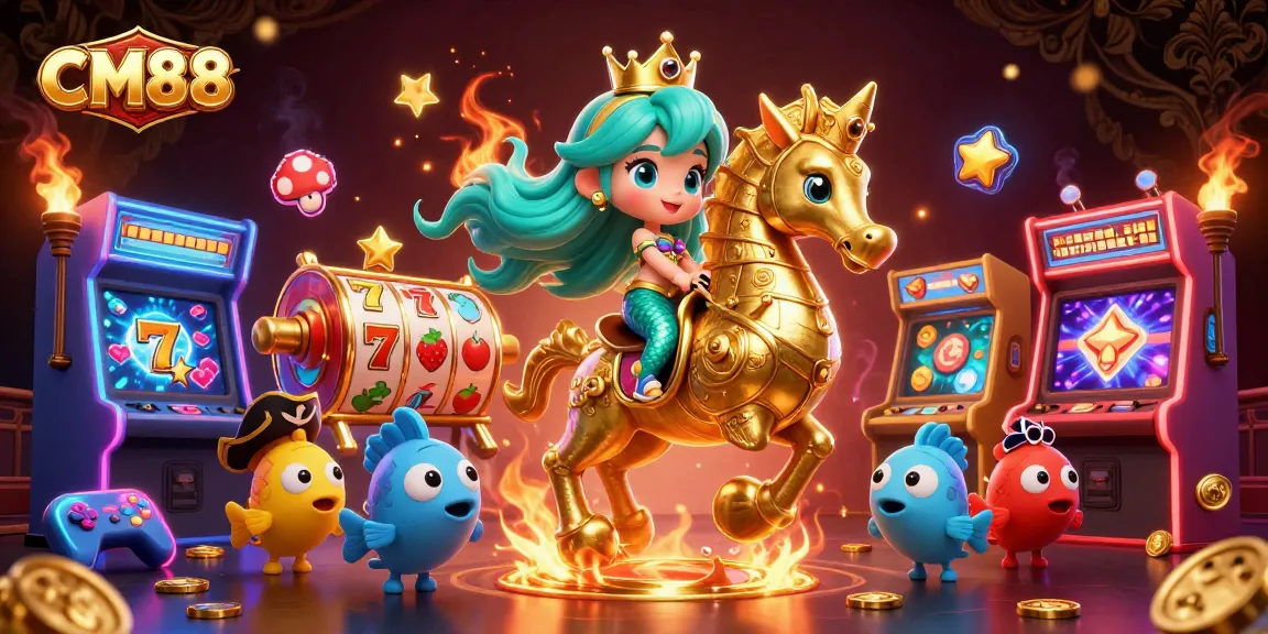 Enjoy a thrilling CM88-themed slots experience with cartoon characters celebrating wins amidst vibrant gaming elements.