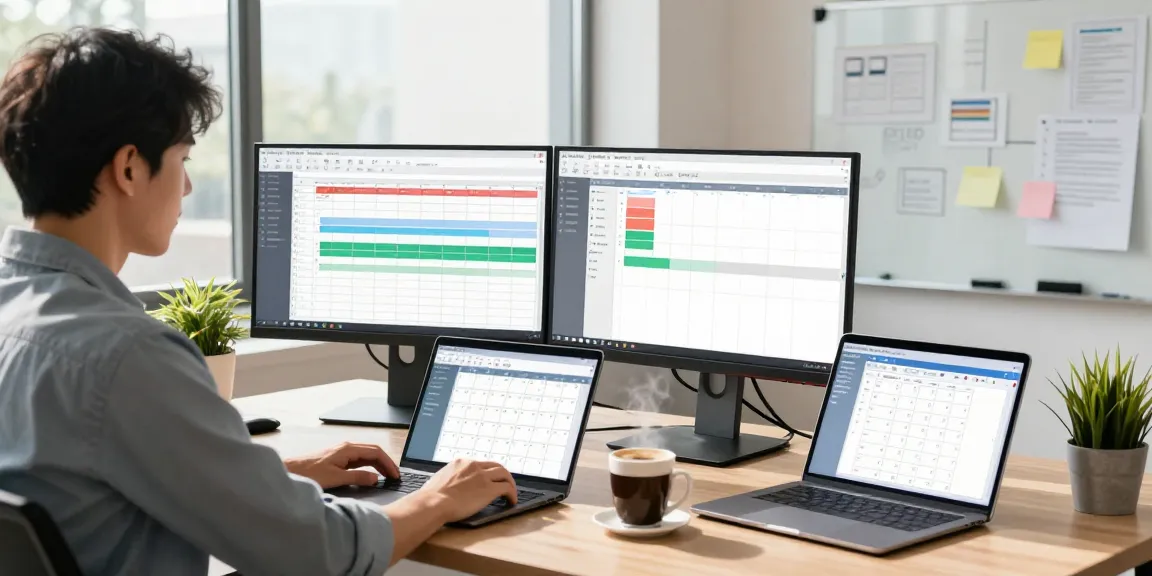 IT manager using rtischeduler software in a bright office, reviewing project timelines and team schedules.