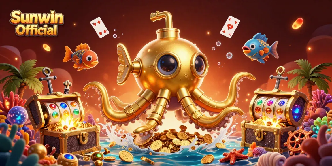 Engage with the Sunwin Official gaming experience, featuring a vibrant scene of a golden kraken submarine among slot reels and treasure.