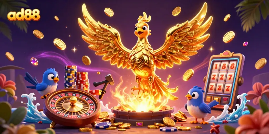 Experience thrilling gameplay at ad88 with a golden phoenix and vibrant casino elements.