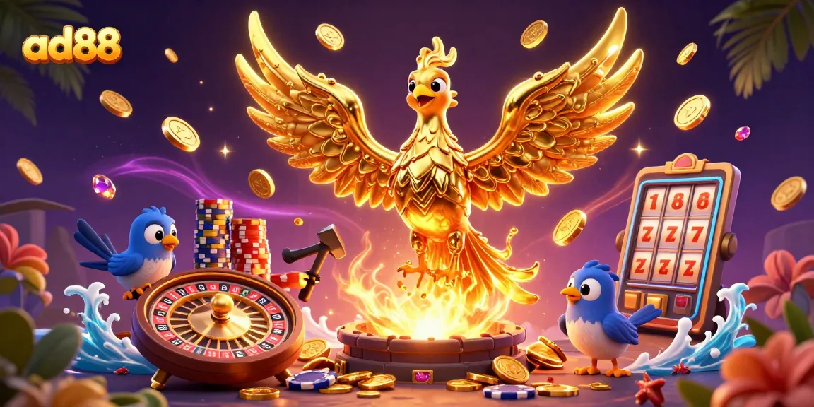 Experience thrilling gameplay at ad88 with a golden phoenix and vibrant casino elements.