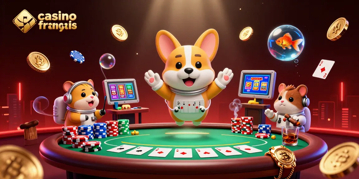 Gagnez au casino français crypto en découvrant un astronaute corgi dans l'espace entouré de jetons et de pièces d'or.