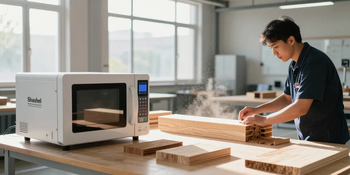 Shashel microwave technology eliminating woodworms in a modern workshop, showcasing efficient wood treatment.