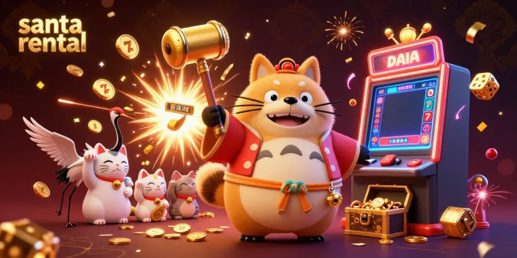 Experience the festive magic of a santa rental with cheerful characters and vibrant casino elements.