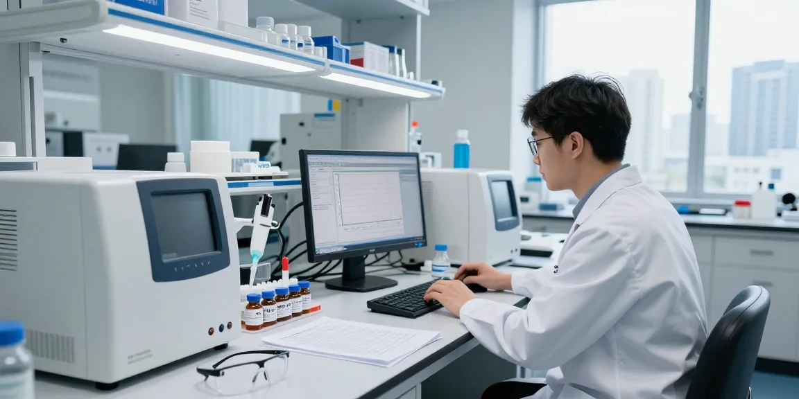 Research peptide US scene featuring a scientist analyzing peptide data in a modern lab.
