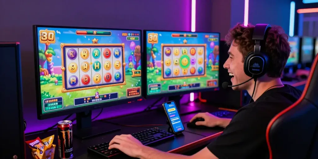 Permainan slot yang menarik dengan pemain terfokus, monitor menampilkan grafis slot cerah dan suasana bermain yang energik.