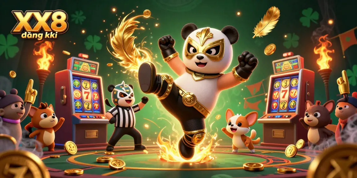 Engage with XX8 đăng ký through this lively casino scene showcasing a panda wrestler and chihuahua referee amidst gold coins and slot reels.
